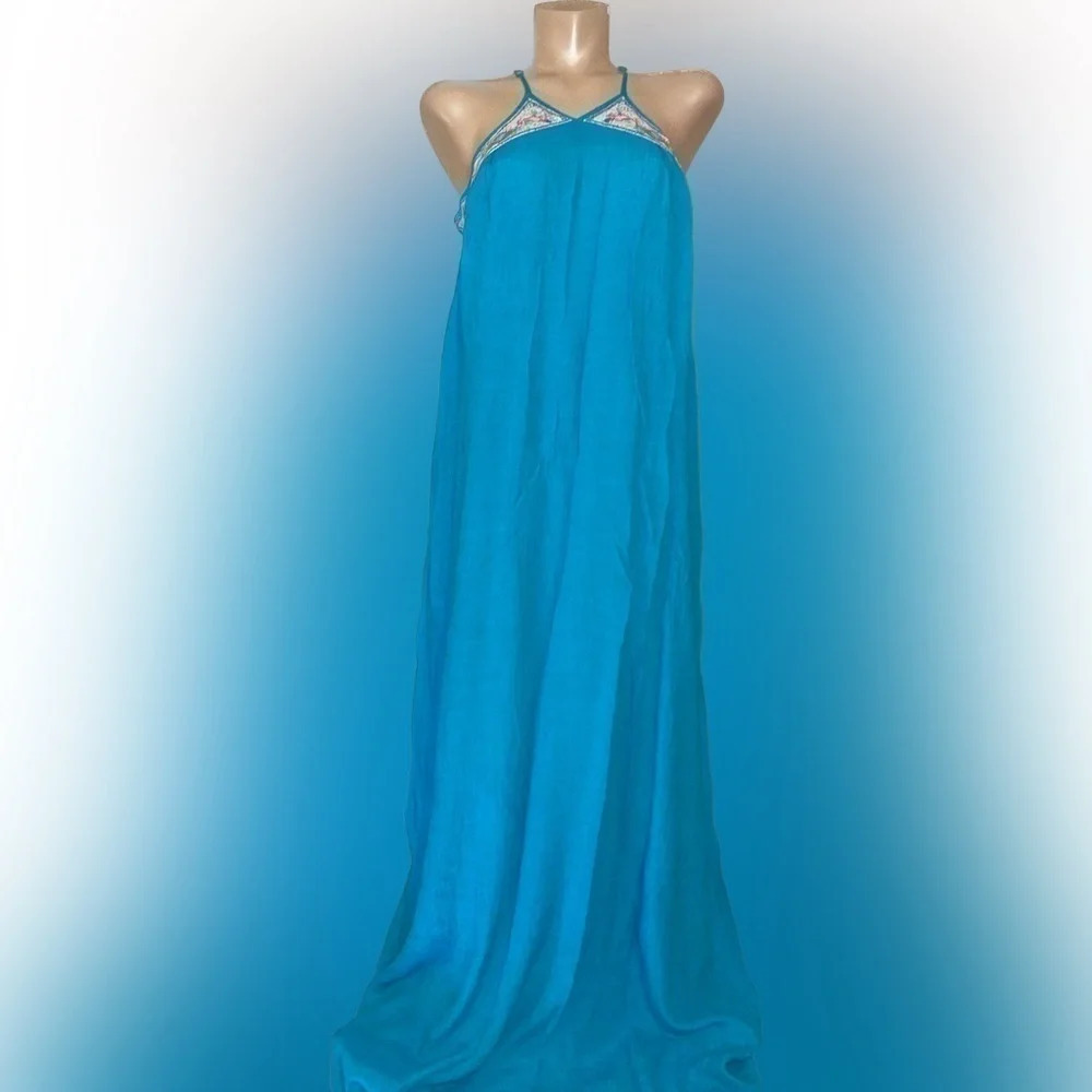 Flying tomato women’s dress maxi Large haute hippie boho blue embroider design